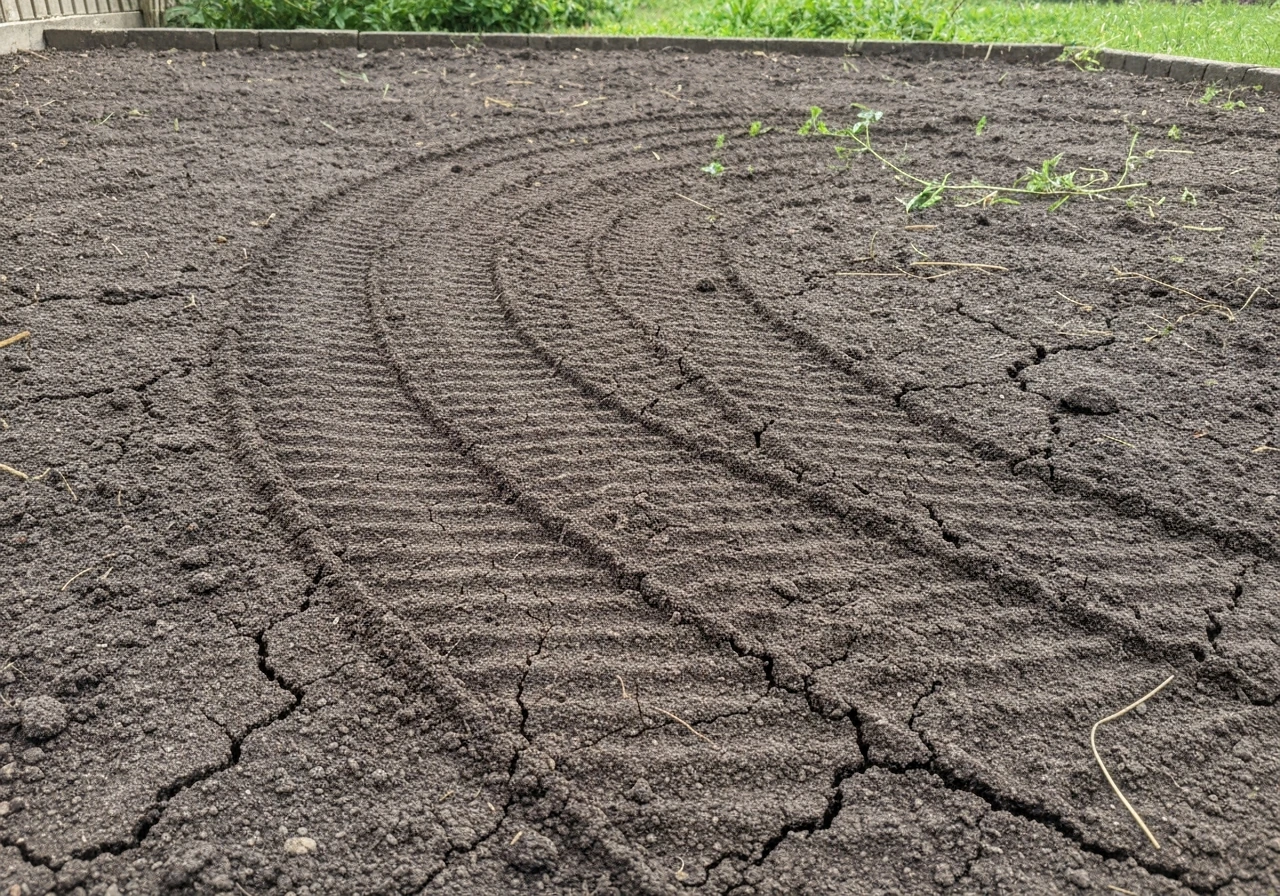 Sol de jardin tassé avec traces de piétinement et zones compactées visibles.