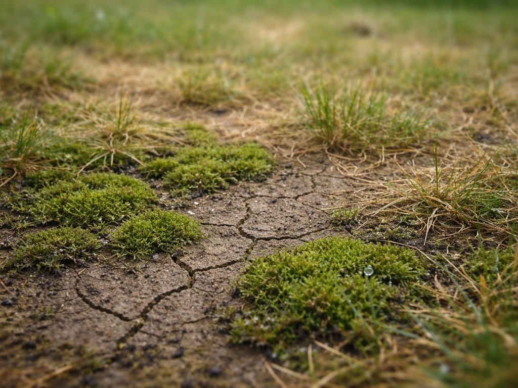 Gazon jaunissant avec mousse et fissures sur une pelouse, arrosage visible au sol