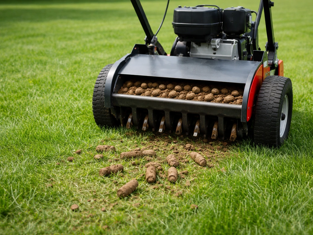 Machine d’aération carotte extrayant des bouchons de terre et les évacuant sur une pelouse