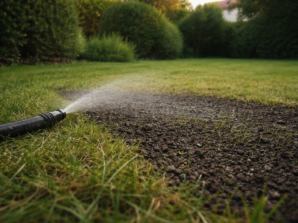 Arrosage lent d’une zone de gazon regarnie : tuyau d’arrosage sur sol noirci, eau s’infiltre doucement