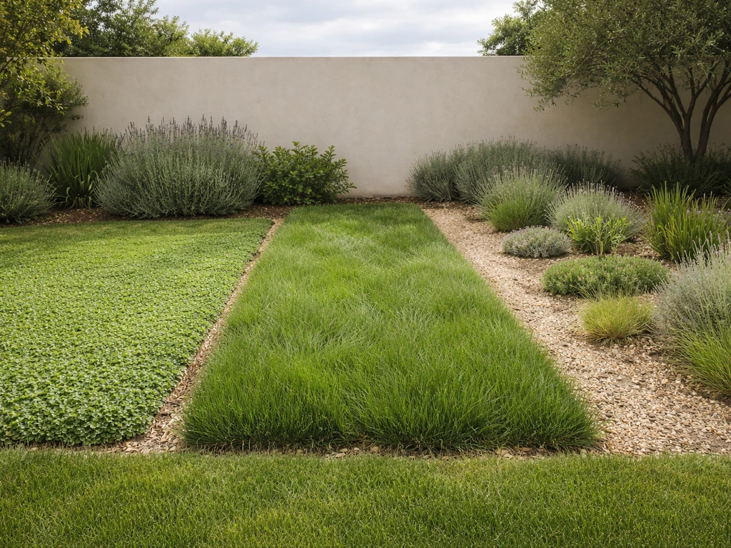 Jardin minimal avec trois zones de couvre-sols différents illustrant des conditions de climat et d’exposition.