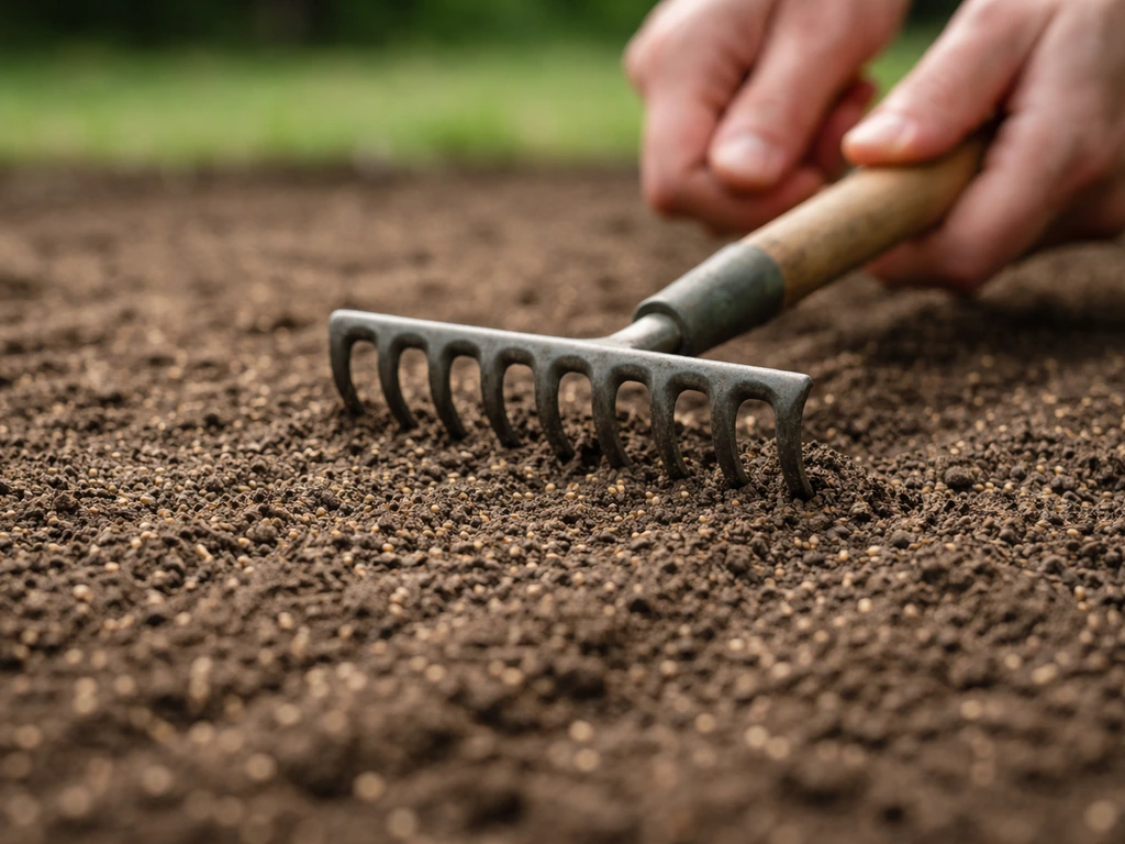 Gros plan sur des graines de couvre-sol semées à faible profondeur et râtelées juste en surface.