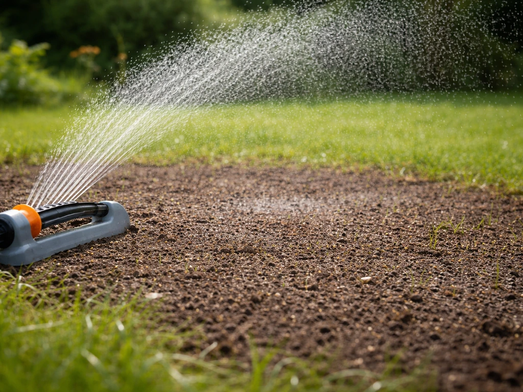 Pluie fine d’arrosage sur un sol de gazon juste après le semis, surface humide sans ruissellement.