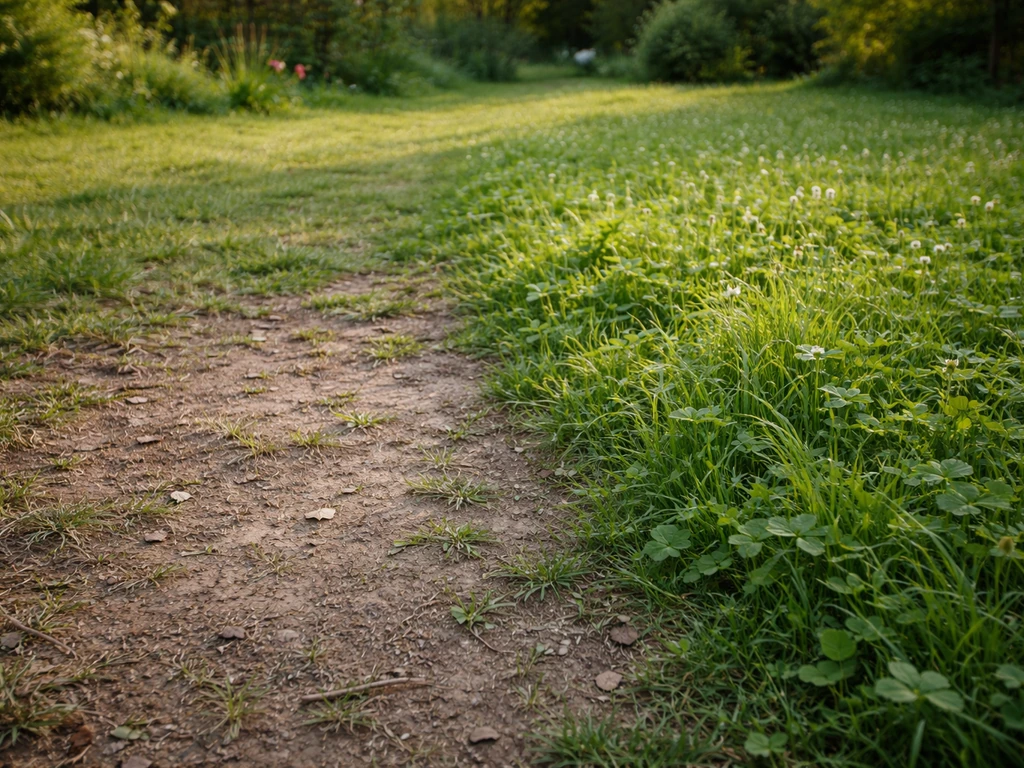 Pelouse/couvre-sol piétiné à nu, contraste avec une zone dense et intacte près du bord.