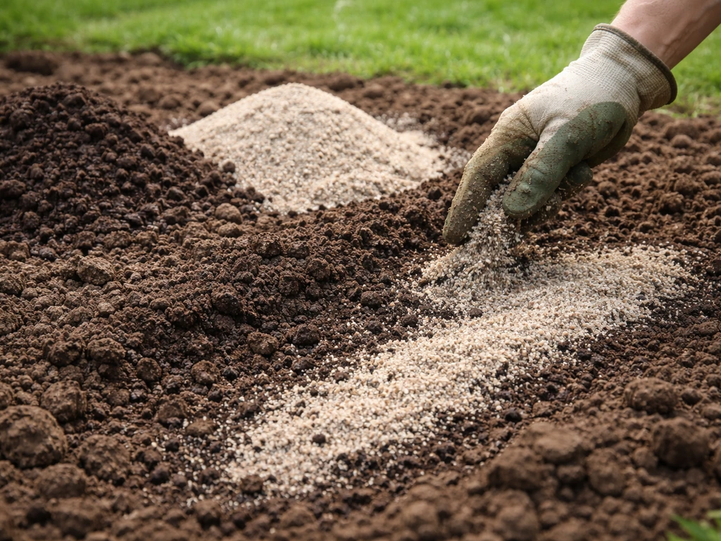 Jardinier aménage une plate-bande aérée : compost mûr et sable grossier mélangés, épaisseurs visibles au sol.
