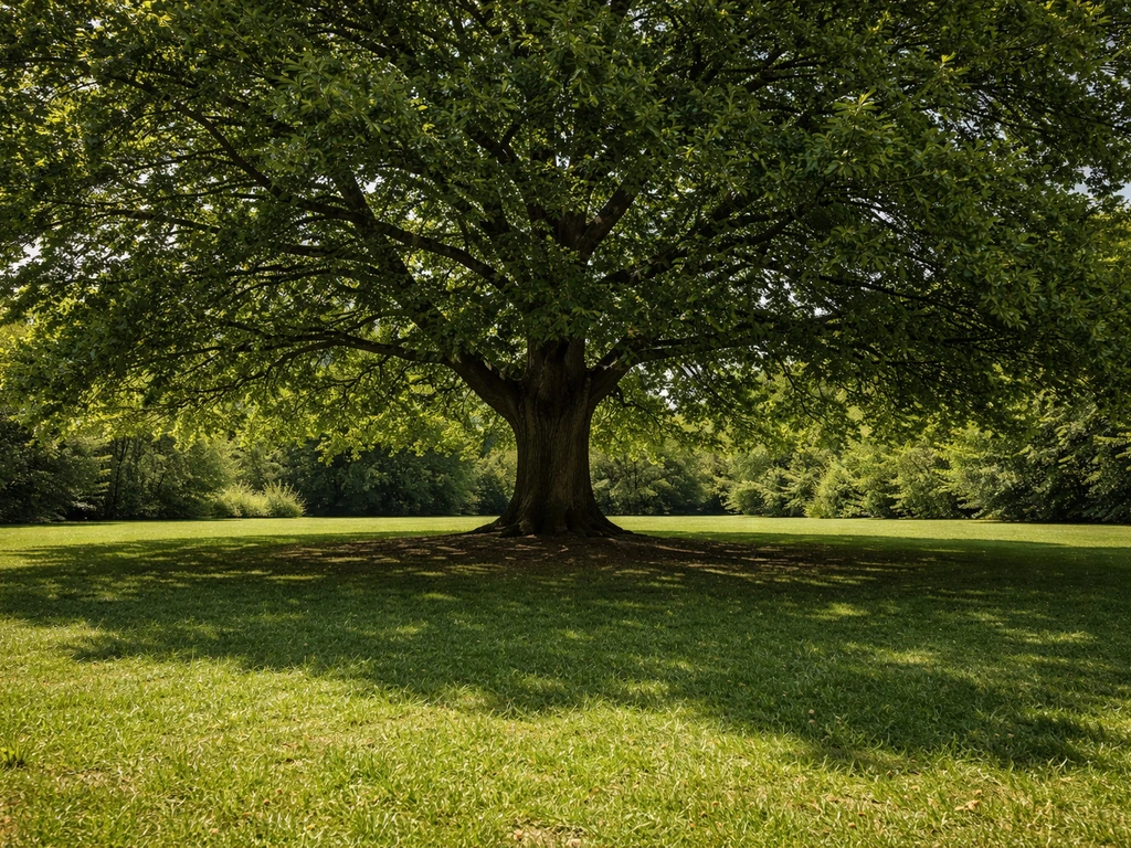 Chêne aux feuilles denses projetant une ombre épaisse sur un gazon au sol.