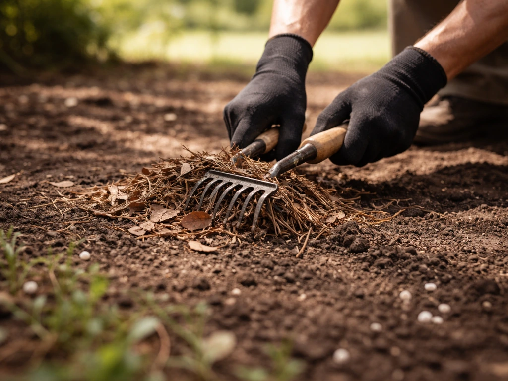 Gants de jardin en action sous un arbre : feuilles mortes et aiguilles ramassées sur une terre brune.