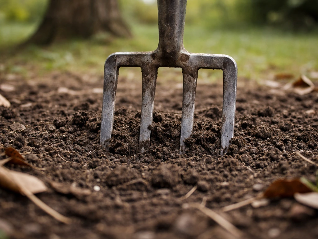 Fourche-bêche ou aérateur à pic enfoncé dans le sol sous un arbre, dents visibles et profondeur