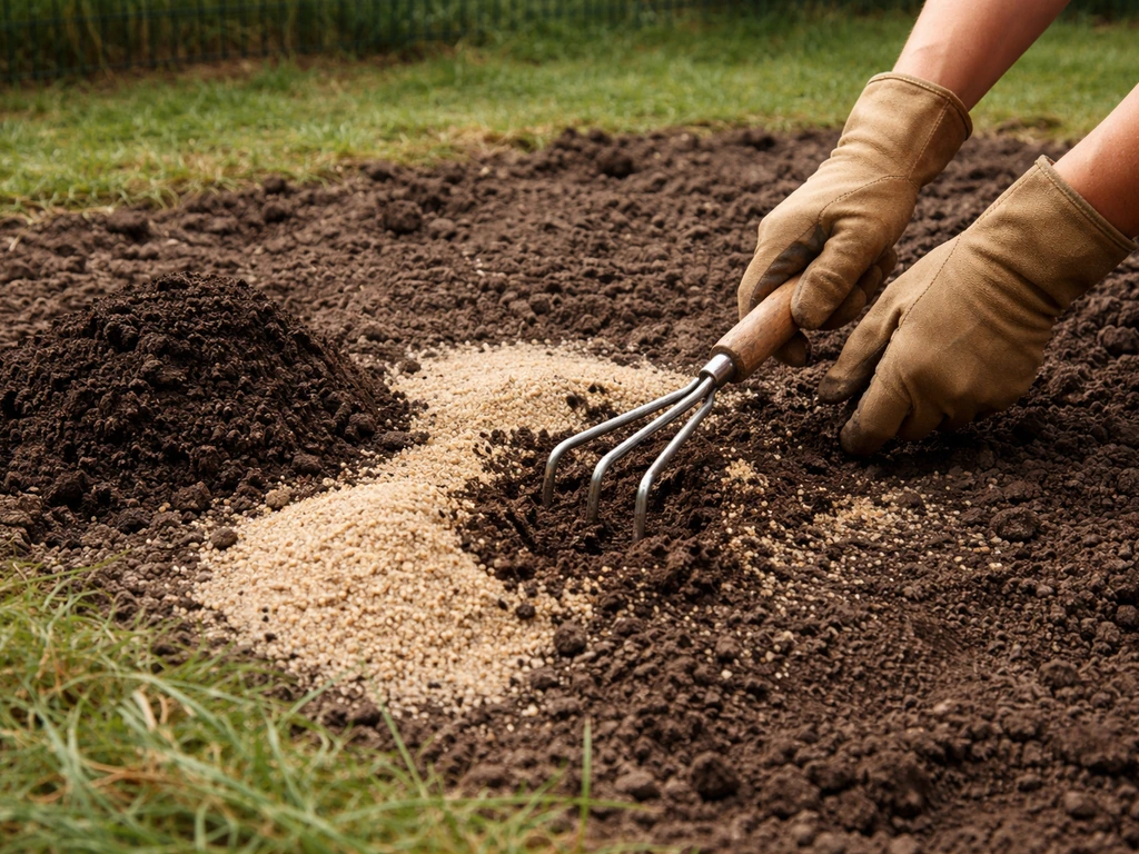 Mélange de compost mûr et sable grossier dans la terre à l’aide d’une griffe de jardin.