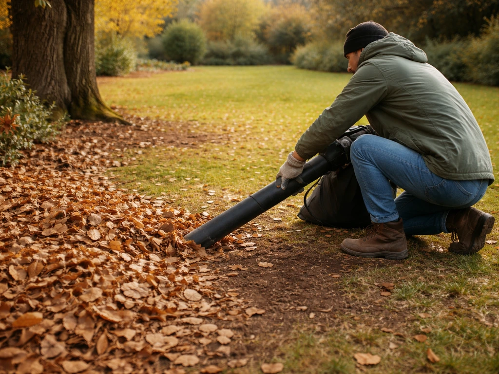Une personne ramasse et aspire des feuilles mortes sous un arbre pour garder la pelouse propre.