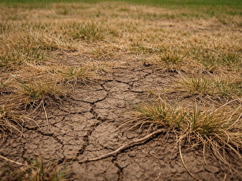 Gazon jaune et affaissé dans une zone sèche, sol craquelé avec petites racines en surface.