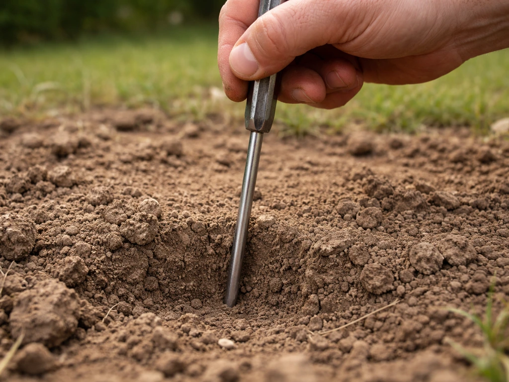 Main enfonçant la pointe d’un tournevis dans la terre pour montrer un sol compacté
