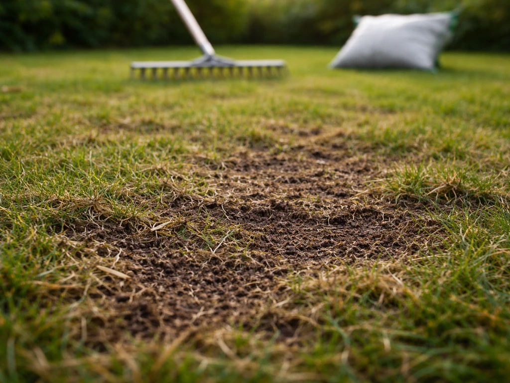 Gazon scarifié avec terre exposée, outils de jardin posés, avant un resemis