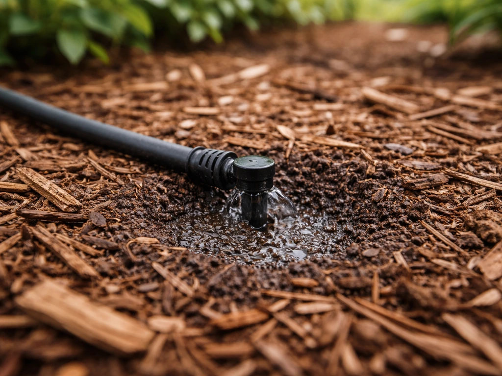 Installation d’arrosage au sol : l’eau s’infiltre en profondeur sous un paillis, sans ruissellement.