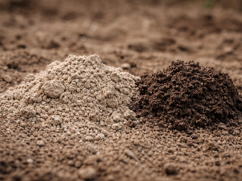 Gros plan de terre de jardin claire et crayeuse, avec une petite motte humide pour illustrer le diagnostic.