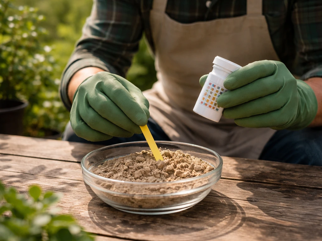 Bandelettes de test de pH utilisées sur un échantillon de terre beige, kit de mesure visible au jardin.