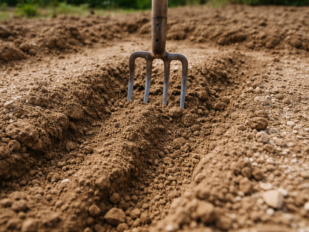 Fourche-bêche dans une terre argilo-calcaire, avec de petites rigoles de drainage visibles au sol.