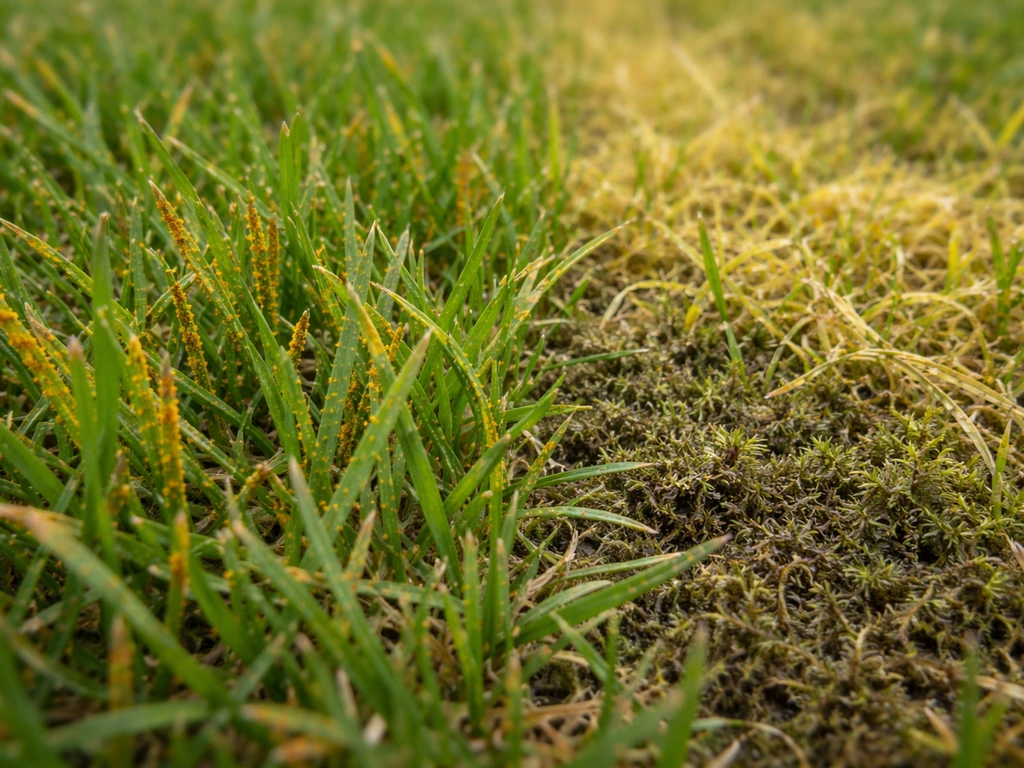 Gros plan de brins d’herbe montrant pustules orangées de rouille face à zones jaunies et mousseuses