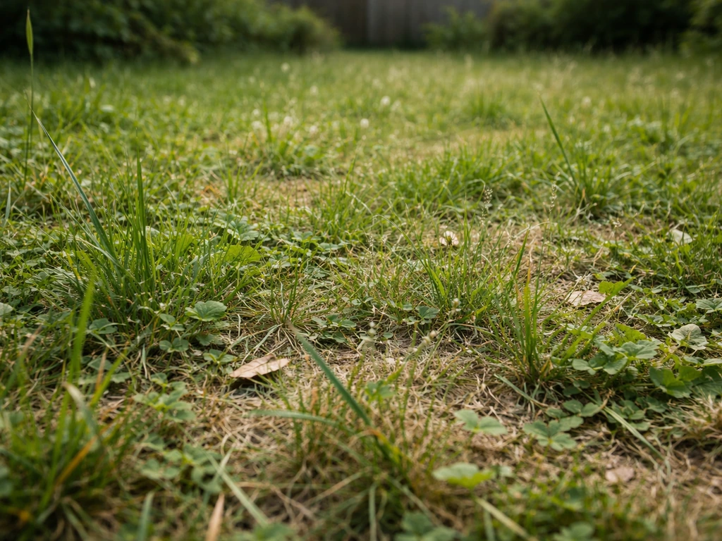 Pelouse très envahie mêlant herbes adventices et gazon, vue au ras du sol, ambiance jardin négligé
