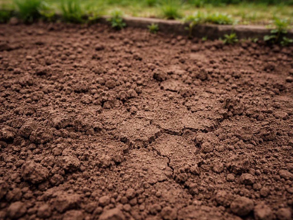 Gros plan d’un sol argileux compacté avec une zone où des adventices s’installent sur un terrain de jardin.