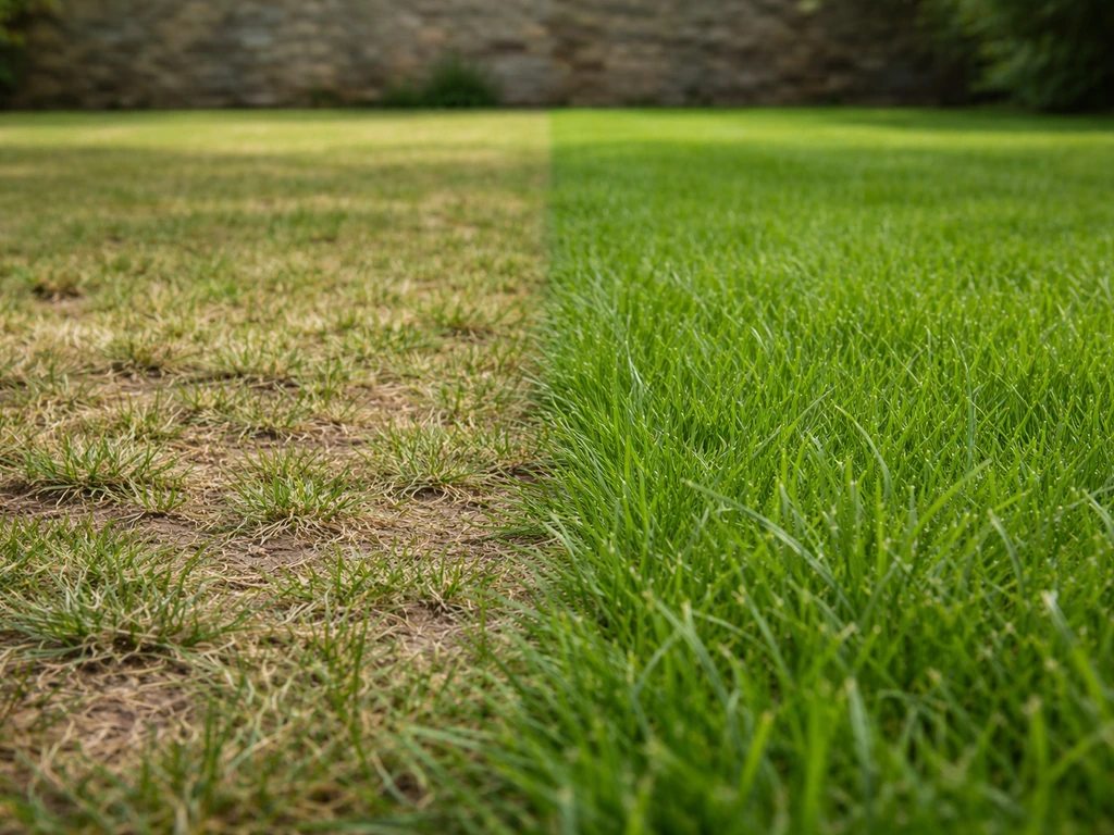 Comparaison au sol entre pelouse tondue trop ras et tonte correcte avec repousse plus dense et zones envahies.