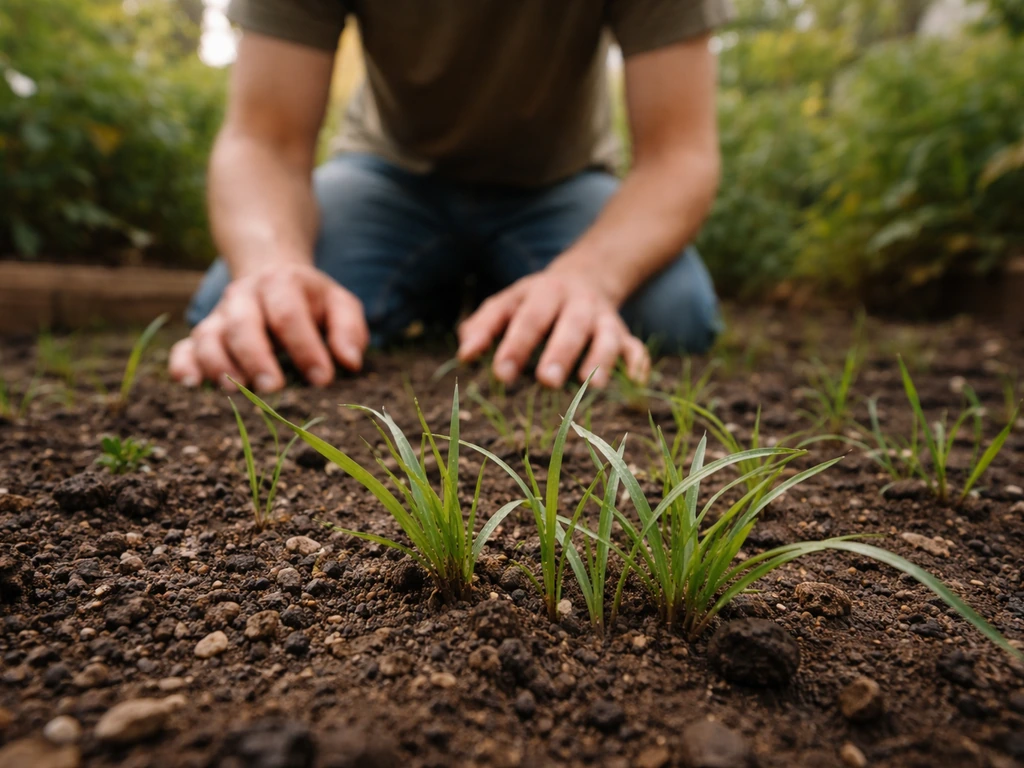 Personne à genoux observant des plantules vertes au ras du sol dans un jardin.