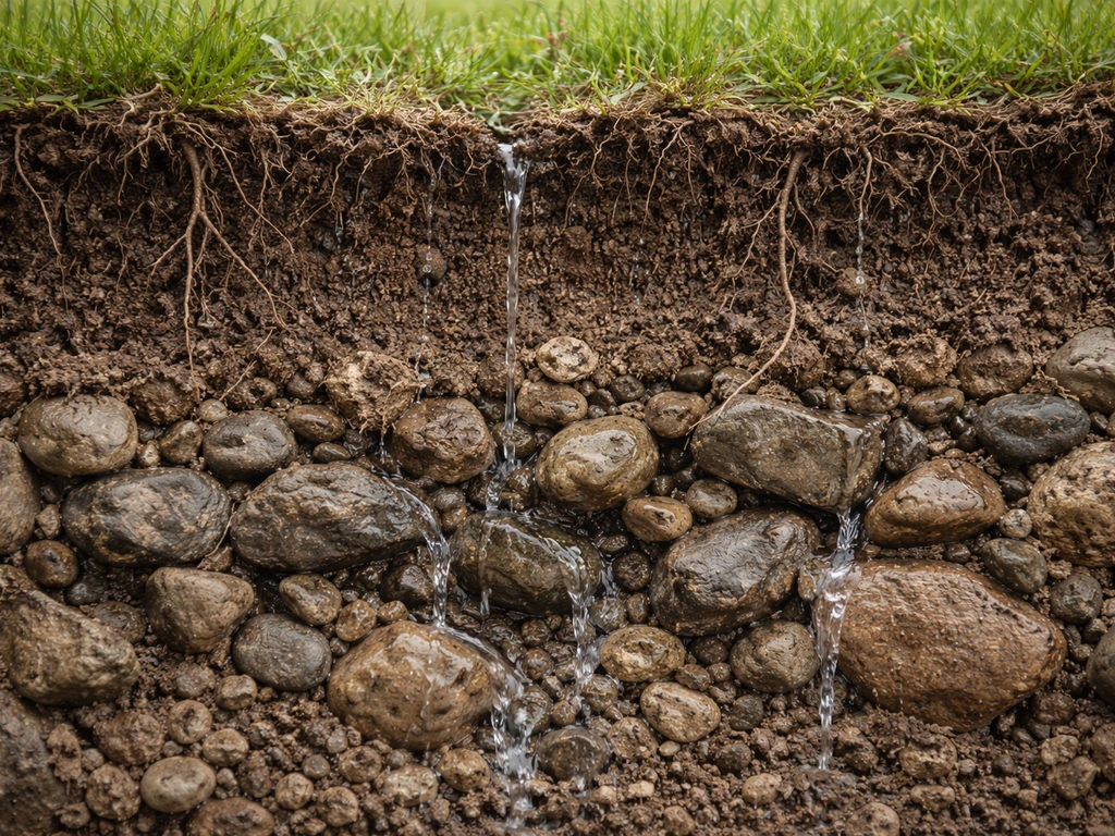 Coupe réaliste d’un sol caillouteux montrant l’eau s’infiltrant entre les graviers et des racines bloquées