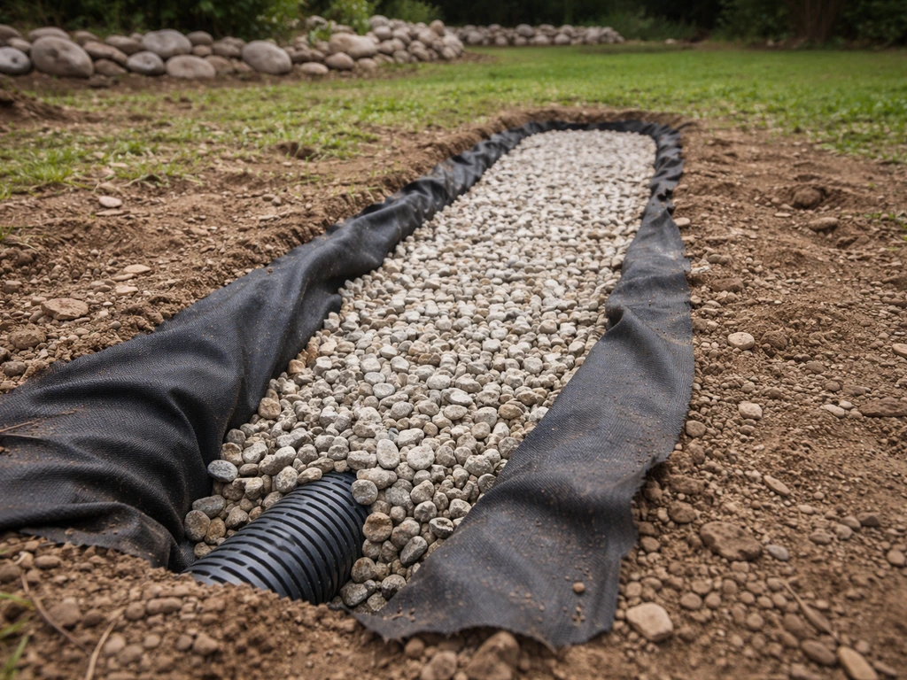 Petit système de drainage de jardin : drain et gravier sur une zone caillouteuse, avec géotextile discret.