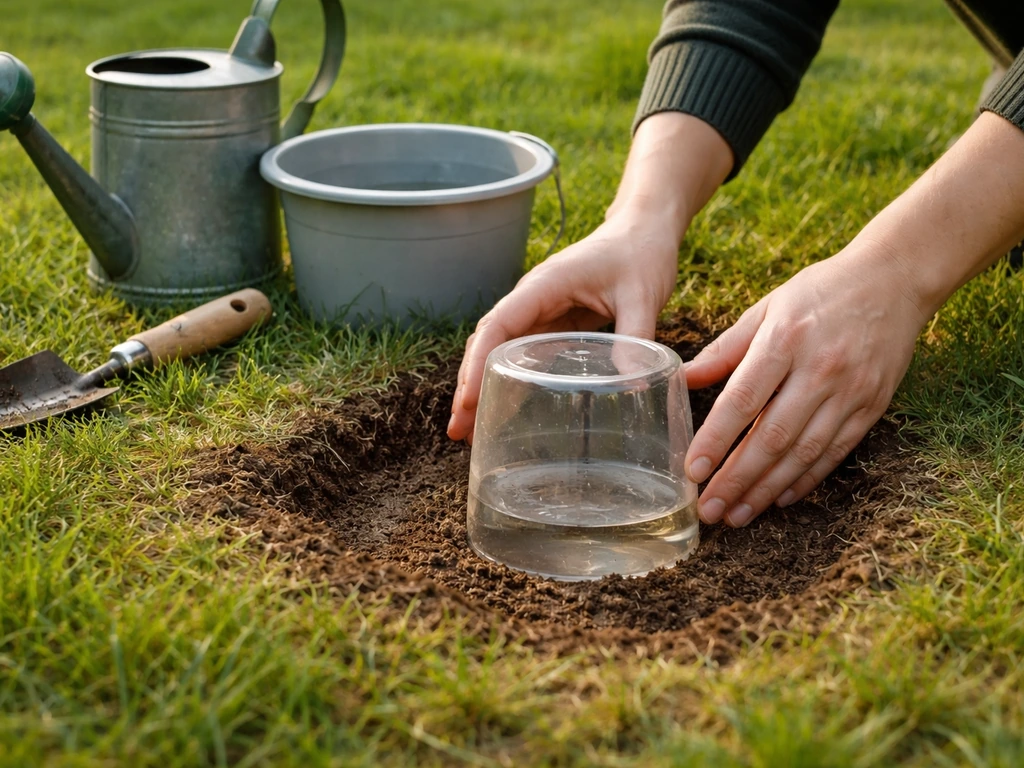 Test d’infiltration maison sur une zone de gazon, pot en plastique et arrosage près du sol.
