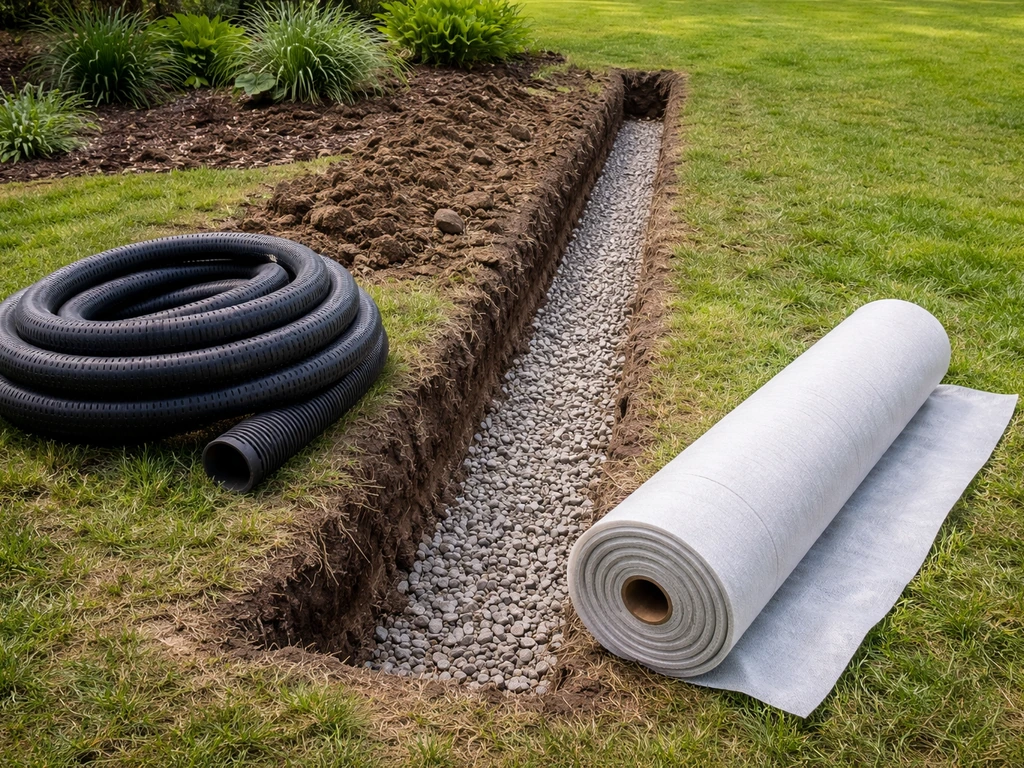 Tranchée de drainage enterré dans un jardin, matériaux de drainage prêts à être installés.