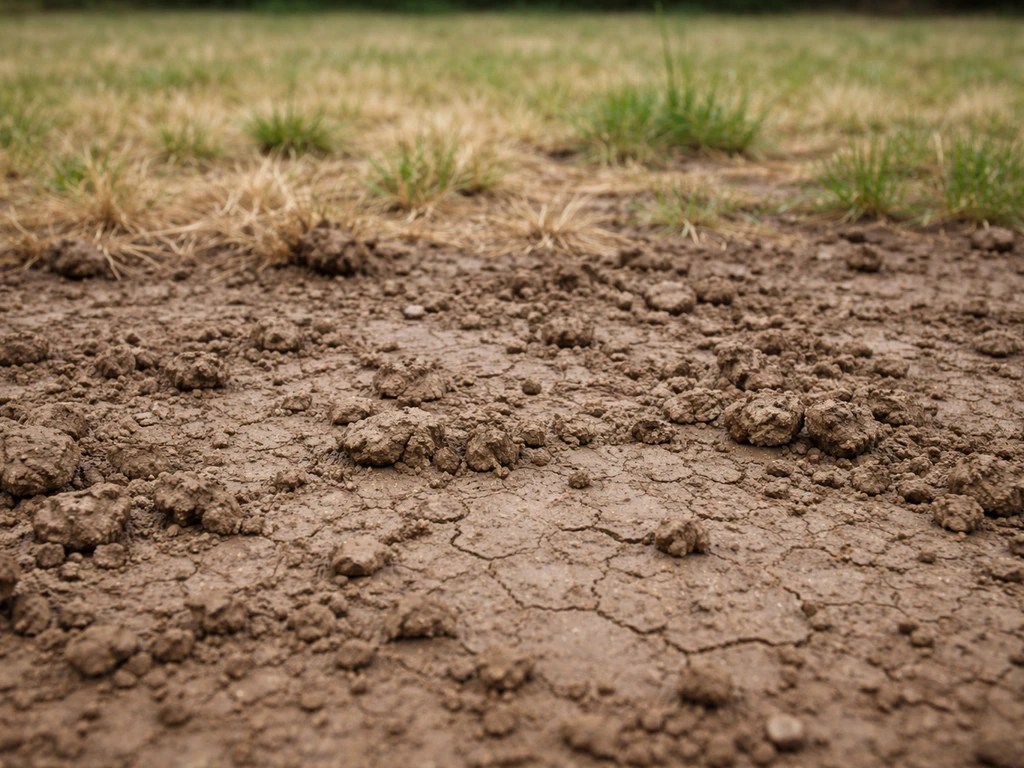 Sol argileux compact avec croûte en surface et gazon clairsemé au premier plan