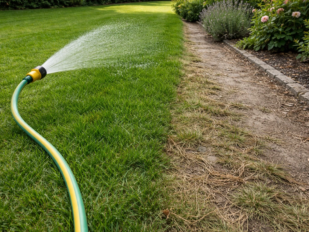 Jet d’arrosage superficiel sur pelouse, à côté zone piétinée avec herbe abîmée et traces d’usure.
