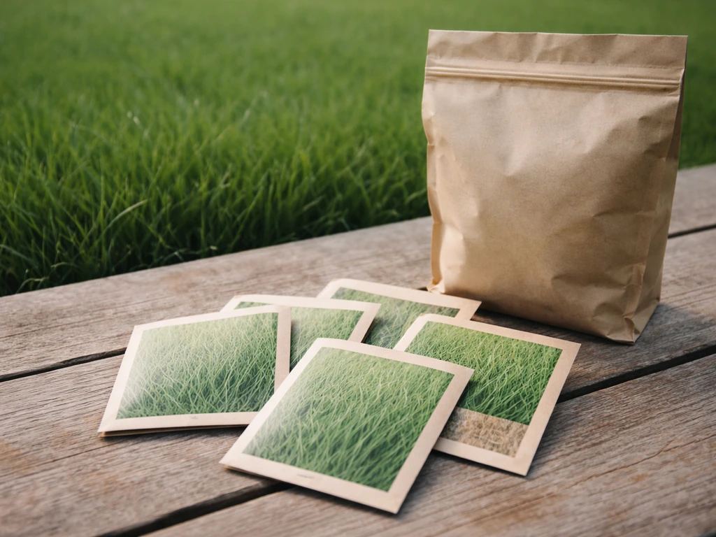 Packs de semences de graminées fines pour gazon dense posés près d’un petit gazon verdoyant et serré.