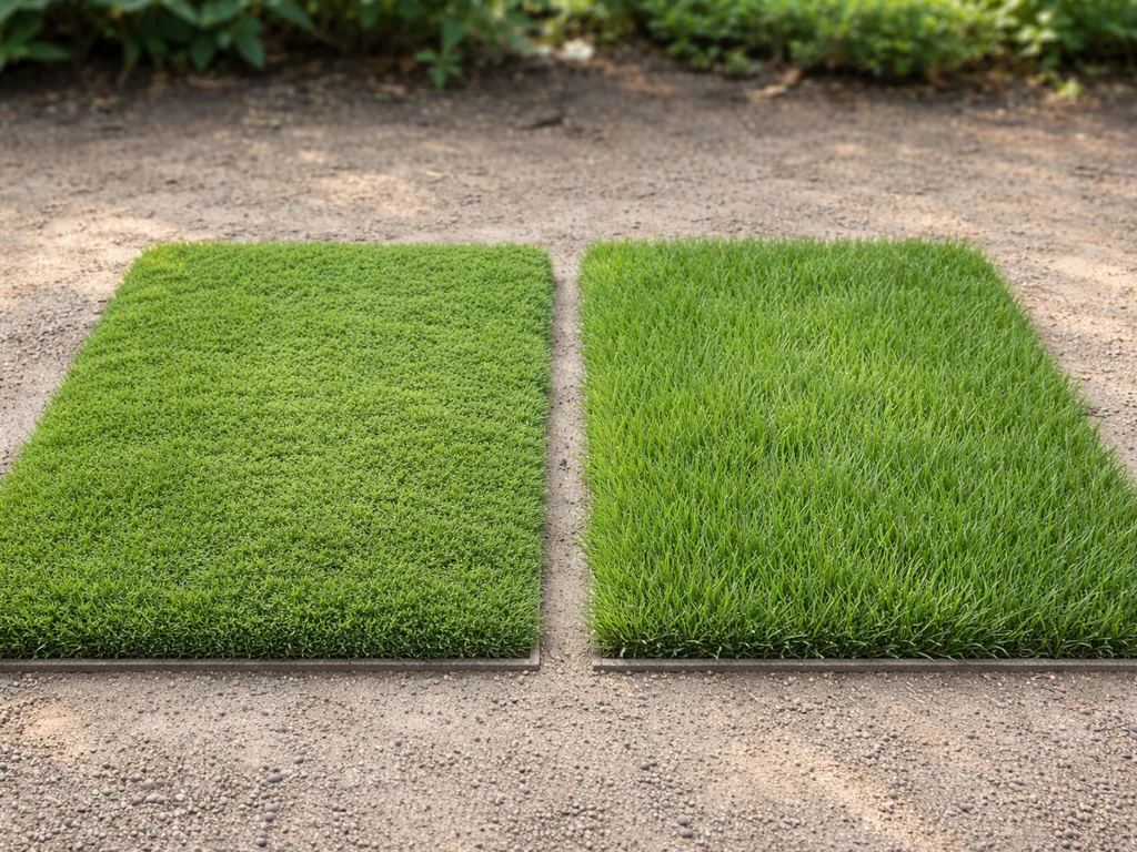Deux rectangles de gazon côte à côte montrant une différence de texture entre zoysia et gazon « japonais ».