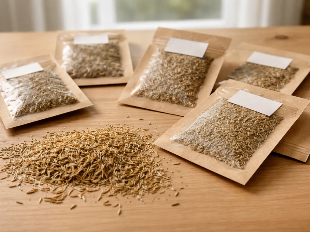 Sachets et graines de variétés de graminées sur une table, ambiance orientée tolérance à la sécheresse.