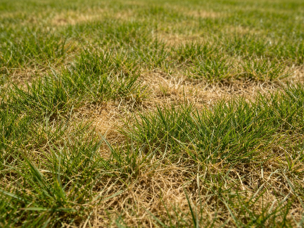 Pelouse française en plein soleil avec zones jaunies et brins encore verts, montrant un stress hydrique