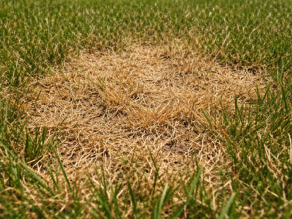 Pelouse en plein soleil avec zones jaunies et brins d’herbe brunis, signe de stress hydrique