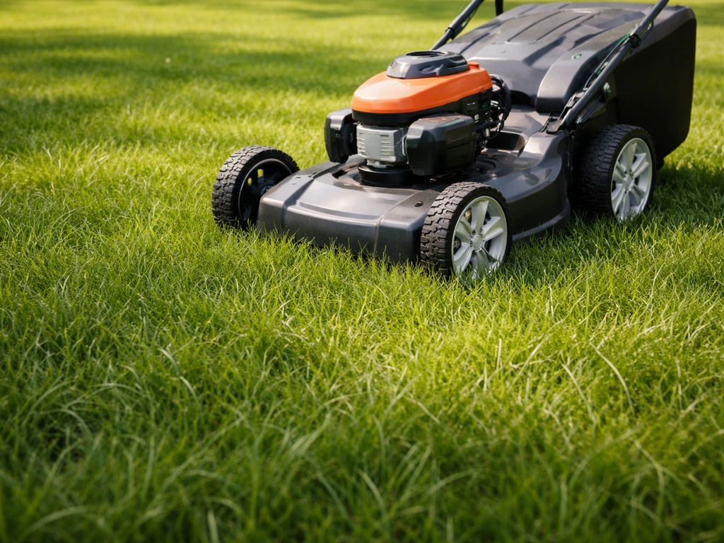 Tondeuse à hauteur de coupe élevée sur une pelouse ensoleillée, brins d’herbe de taille modérée