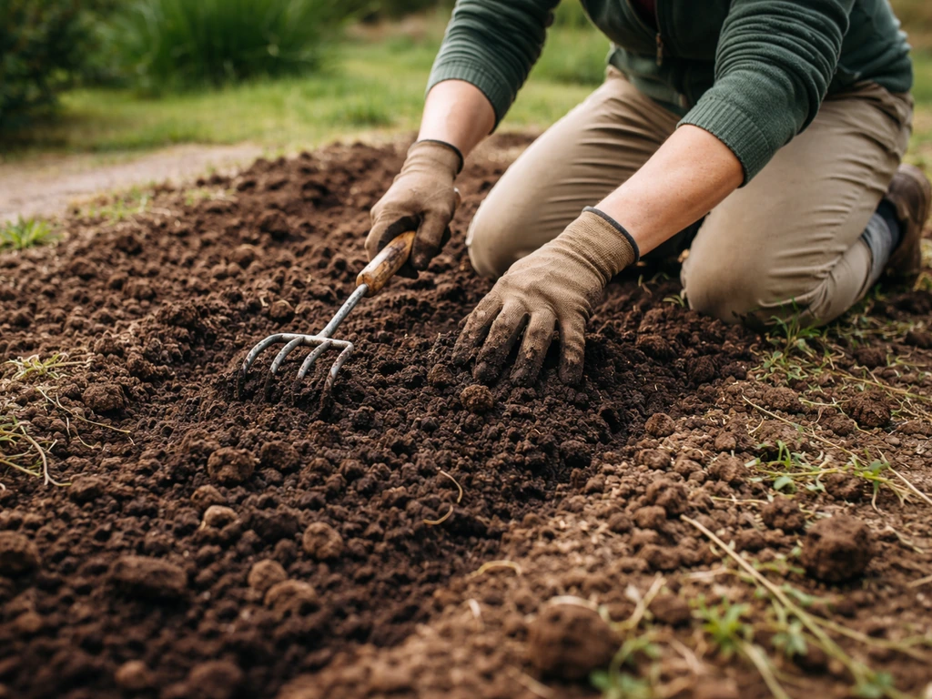 Sol gratté et compost incorporé dans un jardin avant semis, avec une personne anonyme à genoux.