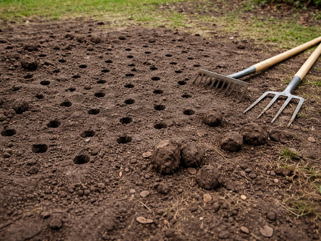 Sol argileux compacté avec perforations en profondeur pour aérer et améliorer la perméabilité de la terre.