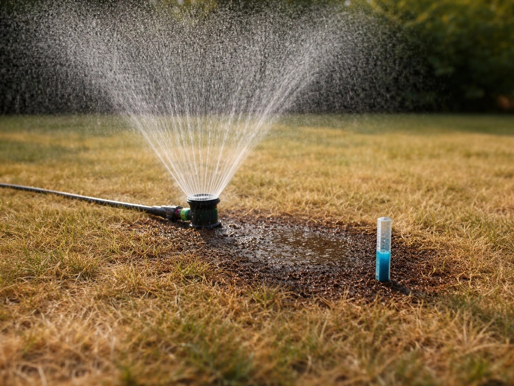 Arroseur de gazon arrosant profondément, avec sol humide et mesure discrète de l’eau en mm au ras du sol