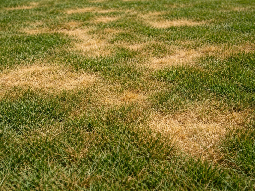 Pelouse au soleil avec zones jaune paille, vue rapprochée pour observer des signes de brûlure