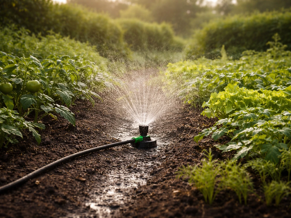 Jardin arrosé tôt le matin, fine pluie au sol, eau qui s’infiltre près des plantes