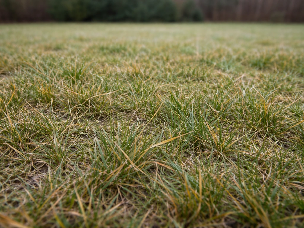 Pelouse d’hiver avec brins jaunis et vert terne, croissance ralentie, lumière naturelle