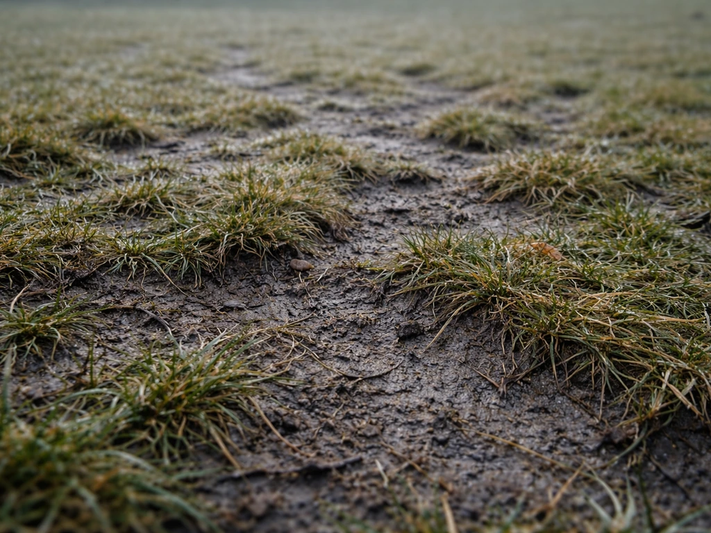 Pelouse abîmée avec plaques froissées après gel et dégel, herbe sombre et irrégulièrement relevée