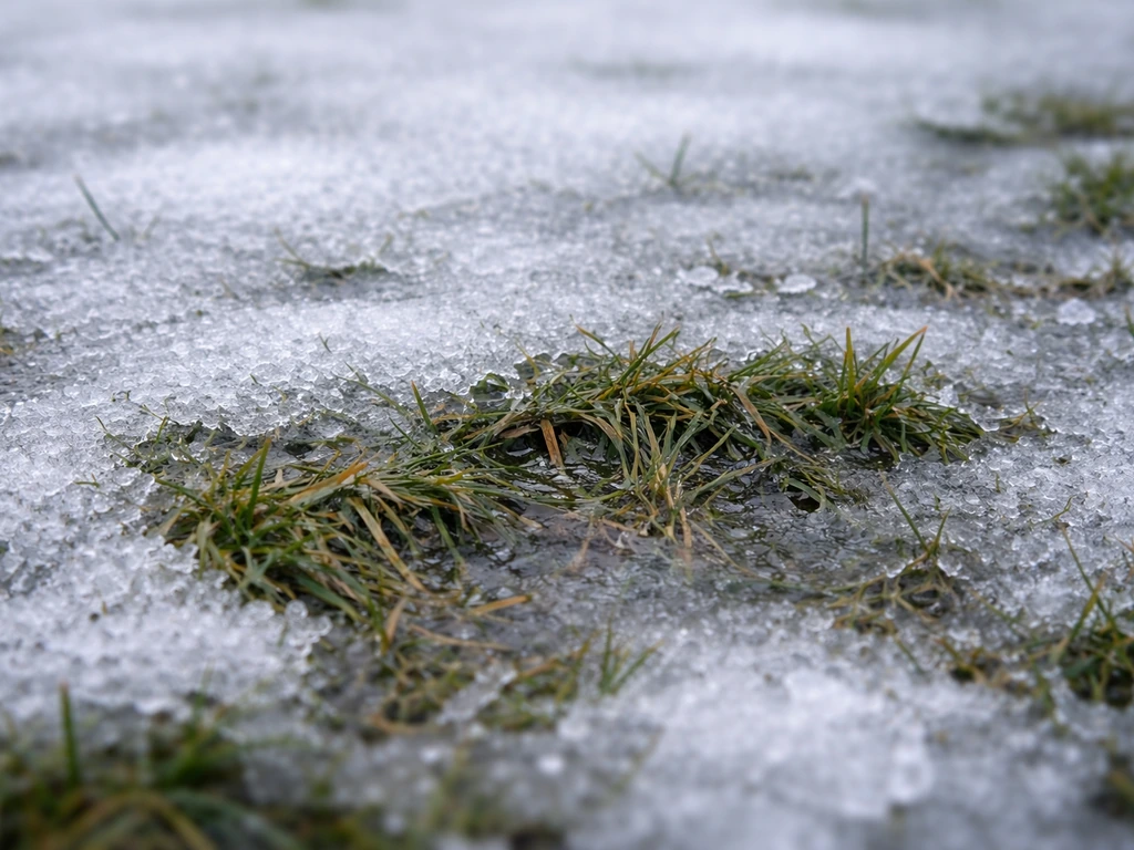 Gazon compacté sous une couche de neige et de glace, couronnes sombres et étouffées près du sol