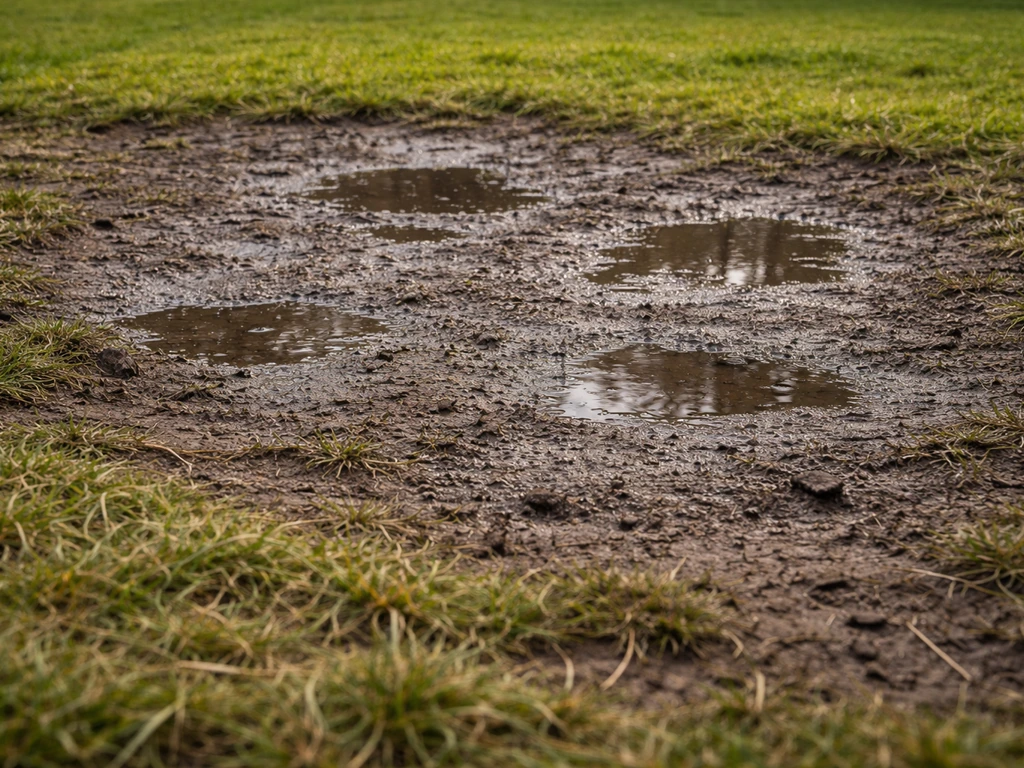 Pelouse piétinée et sol compacté, flaques d’eau stagnante et herbe jaunie près d’un chemin
