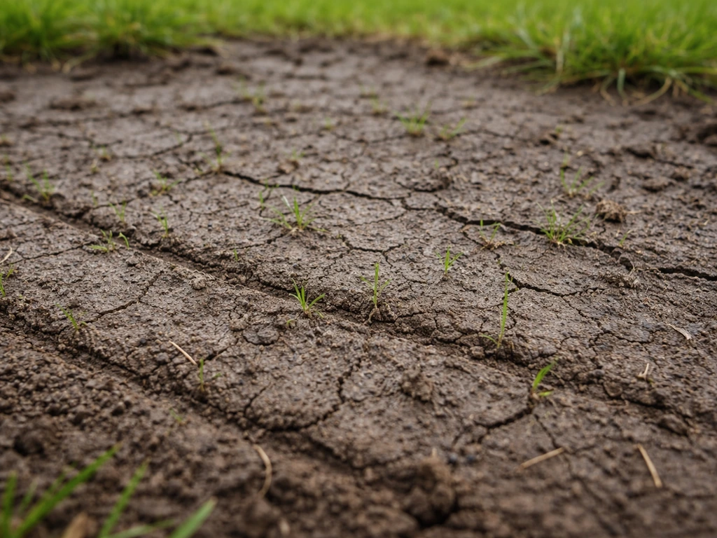 Gros plan d’un sol compacté formant une croûte de battance, avec scarification légère pour aider les jeunes pousses.