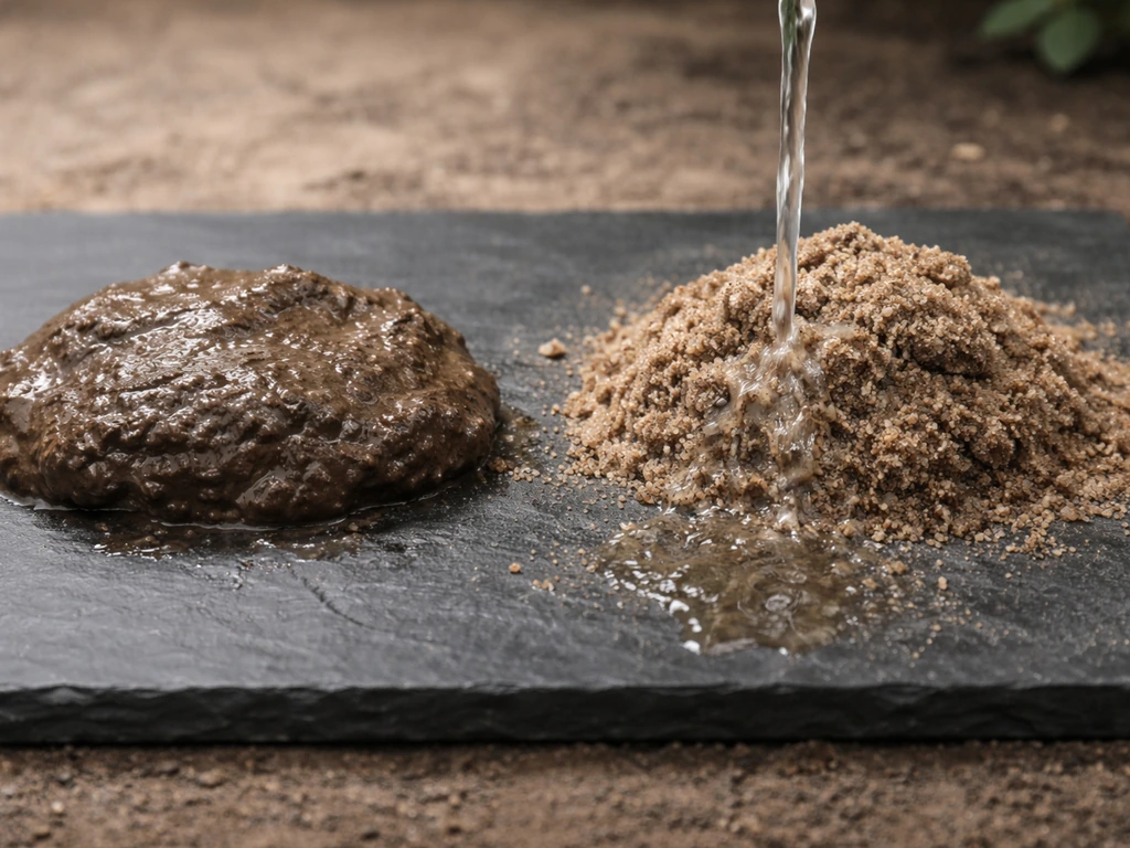 Poignée de terre humide argileuse compacte à gauche et sableux qui infiltre l’eau à droite