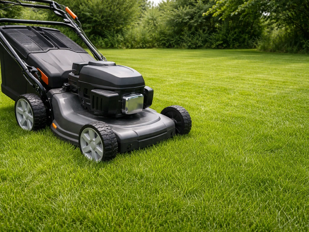 Tondeuse à gazon réglée, pelouse verte à hauteur de coupe correcte après tonte.